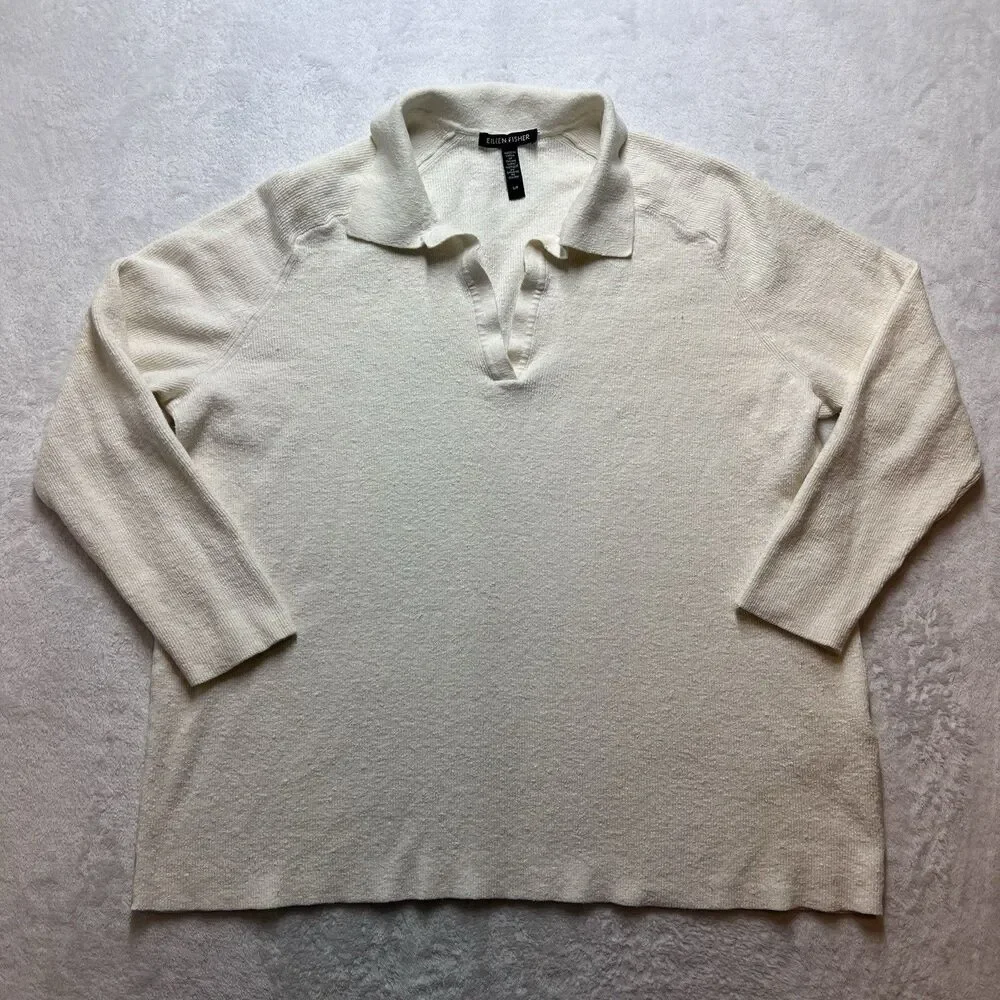 Eileen Fisher Linen Blend Ribbed Sweater Italian Yarn Cream S Coastal V-Neck